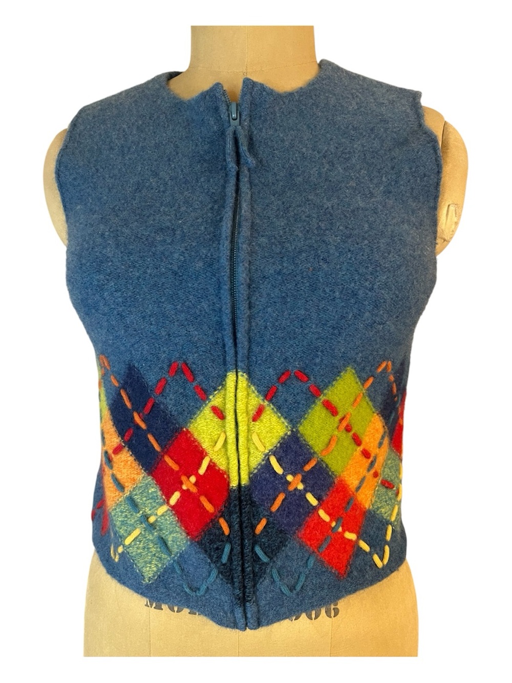Susan Bristol Vtg 90’sb Blue Wool Graphic Argyle zip Vest